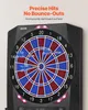A close-up of an electronic dartboard with darts in it, featuring marketing text at the top. Produktbild-Vorschau