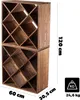 A wooden wine rack with multiple compartments, shown with dimensions and weight indicated. Voir les images du produit