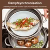 A multi-tiered stainless steel steamer pot with food being cooked inside. Produktbild-Vorschau