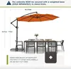 An offset patio umbrella is shown open over a dining table and chairs, with dimensions and product information displayed. Produktbild-Vorschau