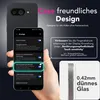 A hand holding a smartphone displaying a settings menu, with a graphic overlay highlighting a feature and a close-up of a glass edge with measurements. Produktbild-Vorschau