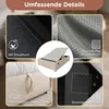 A collage of four close-up images and a central image showing details of a bed frame, including its fabric, storage mechanism, and anti-slip features. Produktbild-Vorschau