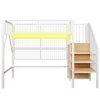 A white metal loft bed with wooden shelves integrated into the stairs, against a white background. Yellow LED lighting is visible under the top bunk. Náhled obrázku produktu