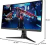A gaming monitor displaying a futuristic scene with a warrior holding a sword. Dimensions are shown with lines and text. Produktbild-Vorschau