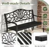 A black metal garden bench is shown on a porch with a white wooden wall and a brick wall in the background. Insets highlight the bench's design features. Podgląd zdjęcia produktu