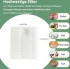 A marketing image showing a filter and illustrating what it filters out, such as pollen, pet hair, dust, particulates, hair, and fluff. Voir les images du produit
