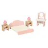 A dollhouse bedroom set with a bed, two nightstands with lamps, and a vanity table. Podgląd zdjęcia produktu