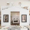 A white loft bed designed like a house, with a play area underneath. Produktbild-Vorschau