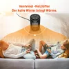 A heater is shown on the floor, projecting heat in a wide arc towards two people relaxing on a couch. Produktbild-Vorschau