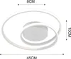 A white LED ceiling light with a modern, swirling design, shown against a white background with dimension labels. Produktbild-Vorschau
