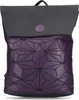 A purple backpack with a geometric pattern and a gray flap is shown against a white background. Produktbild-Vorschau