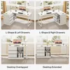 A collage of four images showing different configurations of a white L-shaped desk with drawers and shelves. Voir les images du produit