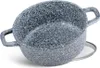 A speckled gray pot with two handles sits on a reflective surface, with a hint of a glass lid underneath. Produktbild-Vorschau