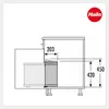 A technical drawing showing the dimensions of a trash can system installed in a cabinet. Produktbild-Vorschau