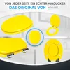 A collage of images showing a yellow toilet seat from different angles, highlighting its features and design. Produktbild-Vorschau