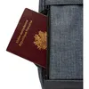 A close-up view of a passport being placed into a zippered pocket of a blue backpack. Voir les images du produit