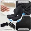 Dunkelgraues ergonomisches Sitzkissen mit Ausschnitt, mit Details zu hochreaktivem Schaum, atmungsaktivem Stoff, Fixiergurten und Antirutsch-Partikeln, mit Maßen Náhľad obrázku produktu