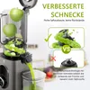 A slow juicer with apples being juiced, and diagrams illustrating the juicer's features. Produktbild-Vorschau