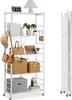 A white, five-tier folding shelf unit with various items on display, including books, plants, baskets, a framed picture, and storage boxes. A folded version of the shelf unit is shown on the right. Anteprima dell’immagine prodotto