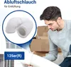 A man is holding a flexible white exhaust hose, with a close-up of the hose in a circle. Cardboard boxes are in the background. Produktbild-Vorschau