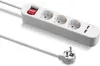 A white power strip with three outlets and two USB ports, along with its white plug and cable, is shown against a white background. Produktbild-Vorschau