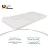 A white mattress topper is shown from a diagonal angle, with a portion of its quilted cover lifted to reveal the foam underneath. Text and a logo are present in the image. Voir les images du produit