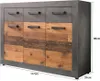A front view of a sideboard with three drawers and three doors. Voir les images du produit