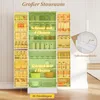 A tall white kitchen cabinet filled with various food items and kitchenware, with highlighted sections and text overlays indicating storage capacity and features. Produktbild-Vorschau