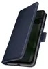 A dark blue flip case for a smartphone is shown with the cover open, revealing the phone screen.