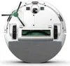 The underside of a white robot vacuum cleaner with black wheels, green brushes, and a gray cleaning pad. Voir les images du produit
