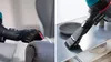 Two close-up shots of a cordless vacuum cleaner with different attachments being used on furniture and a shelf. Produktbild-Vorschau