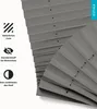 A close-up view of a gray pleated blind, with icons and text describing its features. Produktbild-Vorschau