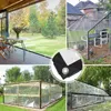 Collage of images showing transparent tarps used for various outdoor applications like covering a patio, a chicken coop, and a greenhouse. Produktbild-Vorschau