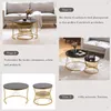 Collage of images showing two round coffee tables with black tops and gold metal frames, demonstrating different arrangement types. Náhľad obrázku produktu