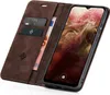 A brown leather flip case for a smartphone, open to reveal the phone screen and card slots. Produktbild-Vorschau