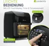 A black JUSKYS air fryer is shown with various callouts highlighting its features, including a close-up of the control panel with a finger touching the screen. Produktbild-Vorschau