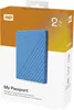 A blue Western Digital My Passport 2TB external hard drive is shown in its retail packaging. Produktbild-Vorschau