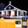 A house decorated with white Christmas lights at night, with a close-up of the power adapter and a diagram of lighting modes. Náhled obrázku produktu