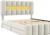 A close-up view of a beige upholstered bed frame with a padded headboard featuring integrated LED lighting. Náhled obrázku produktu