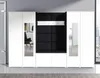 A modern white wardrobe set with a central black upholstered seating and coat hook area, featuring mirrors on the side cabinets. Produktbild-Vorschau