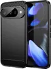A black phone case with a carbon fiber texture is shown on a black background, with a smartphone partially visible inside. Produktbild-Vorschau