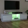 A white TV stand with LED lighting and a black TV on top. Produktbild-Vorschau