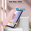 A pink iPad case is shown open, demonstrating its auto sleep/wake feature. Produktbild-Vorschau