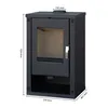 A black wood-burning stove with dimensions indicated by measurement lines and text. Produktbild-Vorschau