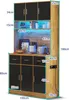 A tall, narrow kitchen cabinet with black doors and wood-effect sides, featuring internal LED lighting and various kitchen appliances on display. Náhľad obrázku produktu
