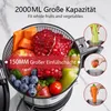 A close-up view of a juicer filled with various fruits and vegetables, with inset images demonstrating how to use the juicer. Produktbild-Vorschau