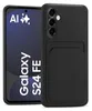 A black phone case with a card slot is shown next to a phone displaying marketing text. Produktbild-Vorschau