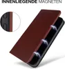 A dark brown leather flip case for a smartphone is shown partially open, with stylized lightning bolts indicating magnetic closure. Produktbild-Vorschau