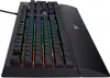 A black gaming keyboard with RGB lighting is shown from a side angle against a white background. Produktbild-Vorschau
