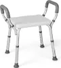 A white shower chair with padded armrests and adjustable legs against a white background. Podgląd zdjęcia produktu